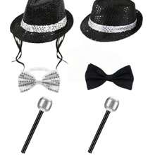 1/2/3/4/5/6/7/8pcs Adult Disco Dance Club Costume And Accessories Set, Popular Star Theme Party Outfit, Includes Glitter Hooded Hat, Silver Gloves, Bow Tie, 80s Popular Star Party Costume, Disco Party Accessories, Halloween Costume - Multicolor - View 18