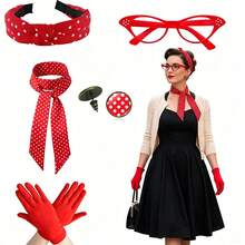 Conjunto de 5 Peças Coleção de Acessórios Femininos Vintage dos Anos 1940 | Tiara de Poá para Festa de Baile dos Anos 1950, Colar, Brincos, Óculos de Fantasia, Conjunto de Lenço de Cor Sólida, Óculos Gatinho Estilo Vintage, Tiara de Poá com Colar e Brincos - Perfeito para Festas e Eventos com Tema Vintage, Presentes de Fantasia para Feriados, Tiara de Poá Vintage com Lenço, Óculos de Fantasia, Conjunto de Brincos, Acessórios de Festa Cos Vintage Americano dos Anos 50, Halloween - Multicolorido - Visão 12