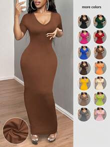 Nuevo 2026   Vestido de mujer ajustado de manga corta con cuello en V unicolor, vestidos de graduación - Marrón Chocolate - Ver 1
