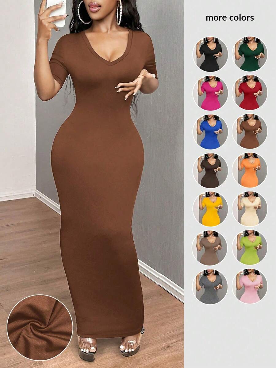 Nuevo 2026   Vestido de mujer ajustado de manga corta con cuello en V unicolor, vestidos de graduación - Marrón Chocolate - Ver 1