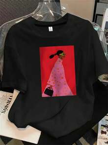 Fotografía de una mujer con un vestido rosa y una blusa de manga corta con cuello redondo; el estampado es apto para todas las estaciones. - Negro - Ver 1