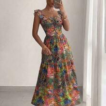 Vestido ajustado y acampanado con cuello de corazón, lazo y mangas farol, de estilo elegante y casual con estampado floral colorido, para primavera/verano - Multicolor - Ver 6