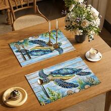 1pc Ocean Style Linen Placemat, Breakfast Mat, Coffee Mat, Cup Coaster, Bowl & Plate Mat, Kitchen Accessory, Easy To Clean Placemat, Suitable For Home, Restaurant, Restaurant Decor, Holiday Gift, Gift For Friends, Multi-Piece Set - Multicolor - View 7