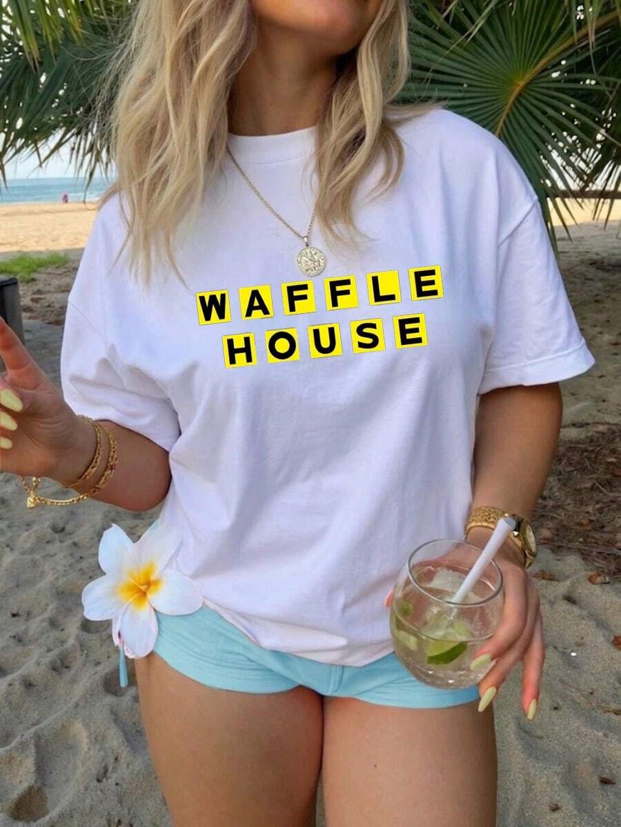 Women's Summer Casual Crew Neck T-Shirt, WAFFLE HOUSE Letter Pattern T-Shirt, Is The Ideal Gift For Father's Day, Juneteenth And Independence Day. - 白色 - 查看 1