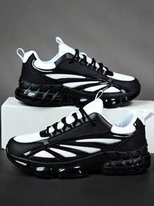 Men's 2026 Newest Black & White Patchwork Thick Sole Chunky Sneakers, Height-Increasing Shock-Absorbing Breathable Mesh Sports Shoes, Streetwear Versatile Men's Shoes, Leather PU Mesh Patchwork Marathon Running Shoes, Plus Size 46, Youth Handsome Men's Shoes - Black and White - View 3