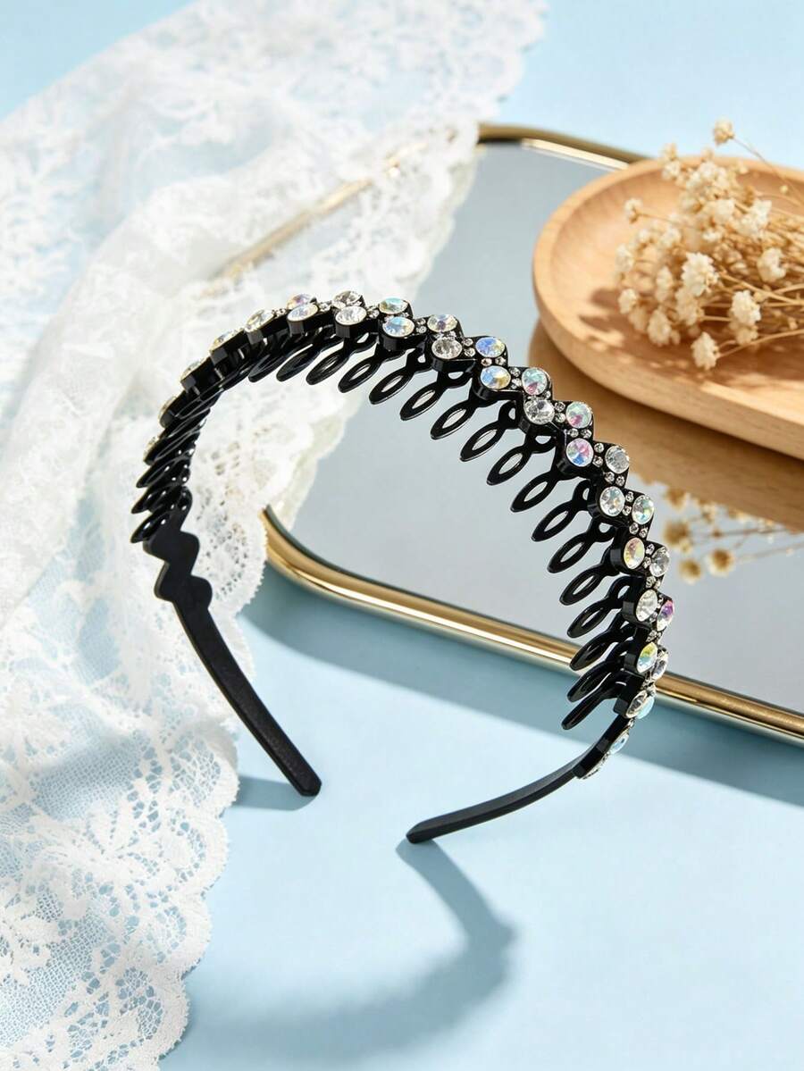 1pc Women's Crystal Rhinestone Embellished Long Teeth Hair Hoop Headband Hairband - Black - View 1