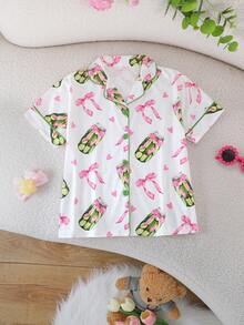 2pcs/Set Tween Girl Summer Casual Pickle Jar & Bow Pattern Print Lapel Short Sleeve Cardigan And Shorts Pajama Set Flame Retardant All Season Girls Mid-To-Older Children - White - View 3