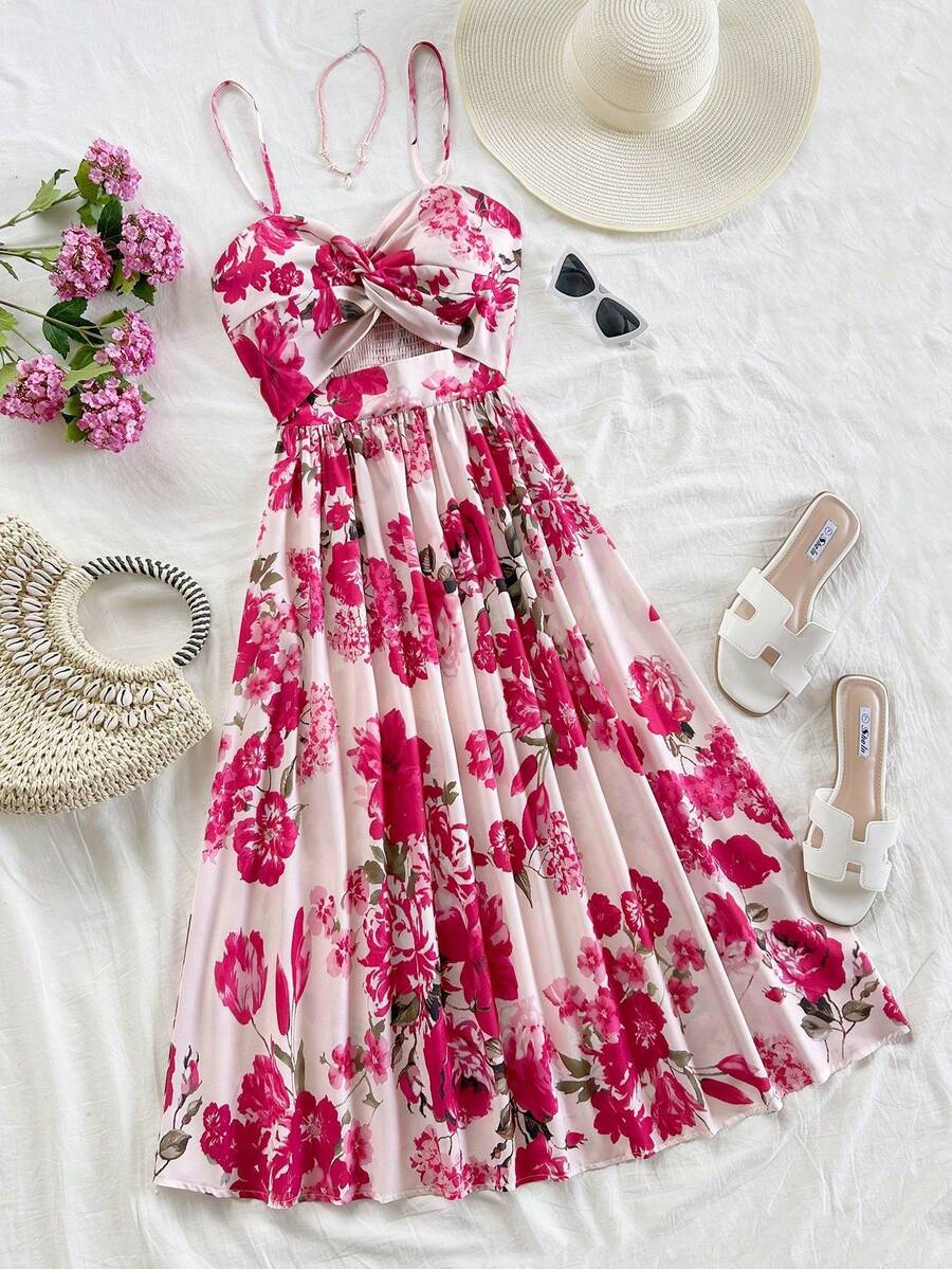 xheSoleia Vestido midi de línea A con tirantes spaghetti, cintura anudada y escote en v para mujer WYWH, estampado tropical en vestido camiseroxhe - Multicolor 2 - Ver 1