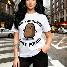 Camiseta de mujer con estampado divertido de papa sonriente y frase "NO THOUGHTS ONLY POTATO" - camiseta casual de cuello redondo, ajuste cómodo y estilo urbano moderno - ideal para salidas por la ciudad, paseos vespertinos y regalo perfecto para mam - Blanco - Ver 10
