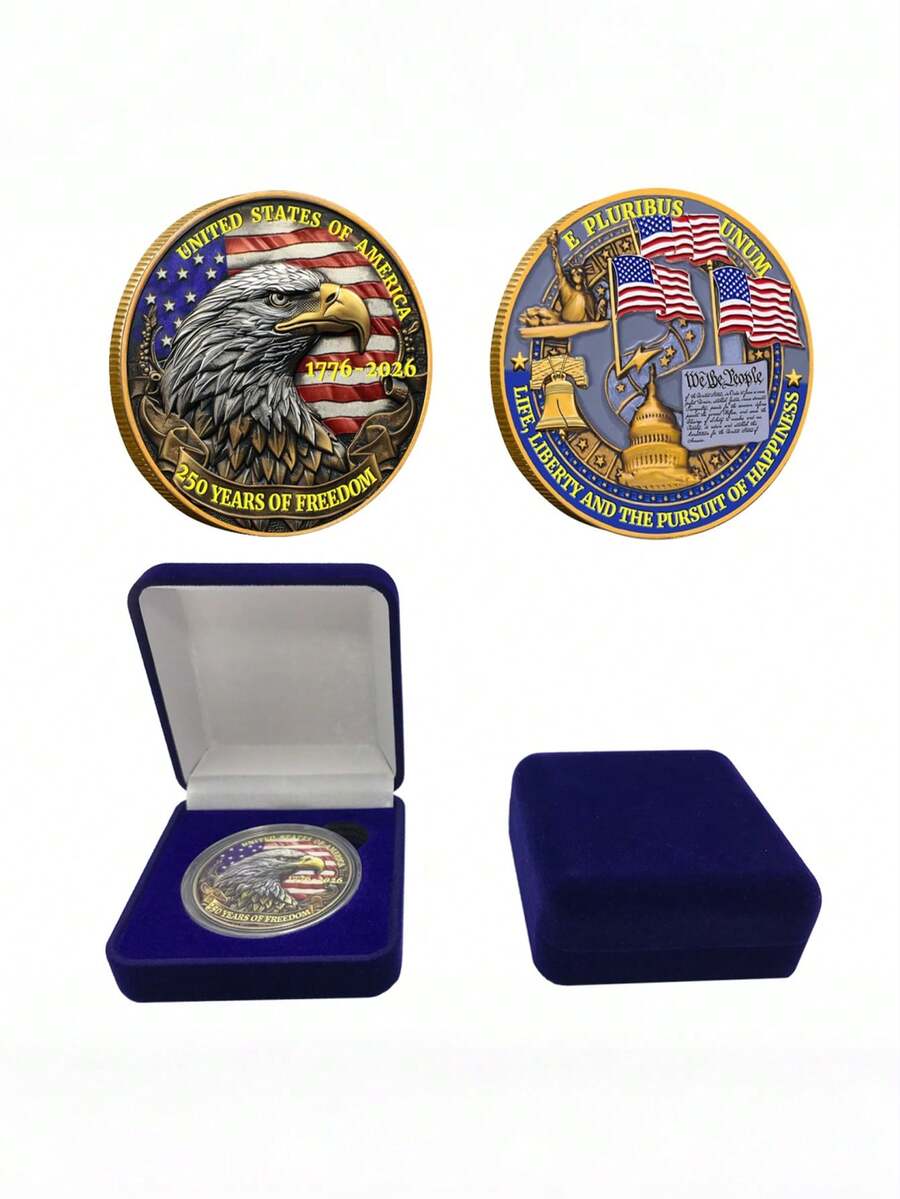 Set Koin Tantangan Peringatan Ulang Tahun ke-250 AS dengan Kotak Hadiah, Koin Koleksi Patriotik Amerika 1776–2026, Koin Suvenir Enamel Gaya Militer untuk Hadiah & Koleksi Hari Kemerdekaan - MultiWarna - View 1