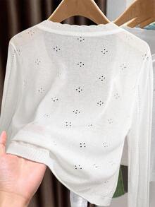Women's Summer Casual Cropped Openwork Knit Cardigan, V-Neck, Regular Fit, Button Front, Long Sleeve, White, Sweet Elegant Lightweight Layer - White - View 2