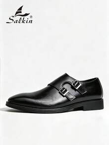Salkin 复古设计师男士僧侣搭扣尖头一脚蹬乐福鞋，优雅绅士正装鞋，适合中年人、年轻人、学生、返校季、毕业典礼、办公室、商务场合、派对、婚礼、新郎、春夏秋季穿着，尺码齐全。 - 黑色 - 查看 3