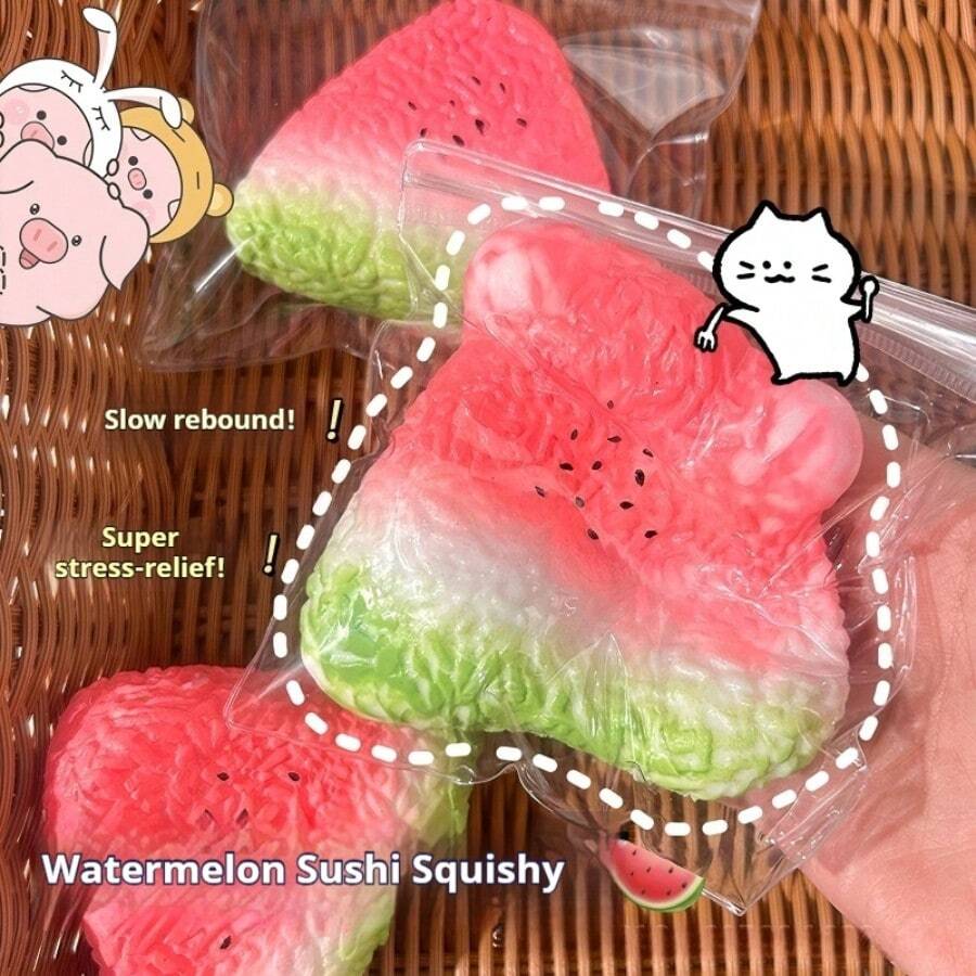 1pc Watermelon Sushi Squishy Toy, Soft Silicone Slow Rising Stress Relief Fidget Toy, Realistic Food Replica Squeeze Toy, Flexible Anti-Anxiety Sensory Toy, Cute Dessert Decompression Toy For Anxiety Relief