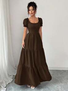 Vestido largo elegante para mujer  con cuello único, patchwork multicapa, ribete de volantes, diseño estilizador/drapeado/capa escalonada/atuendos festivos/bohemio/romántico-floral/casual de vacaciones - Café integral - Ver 1