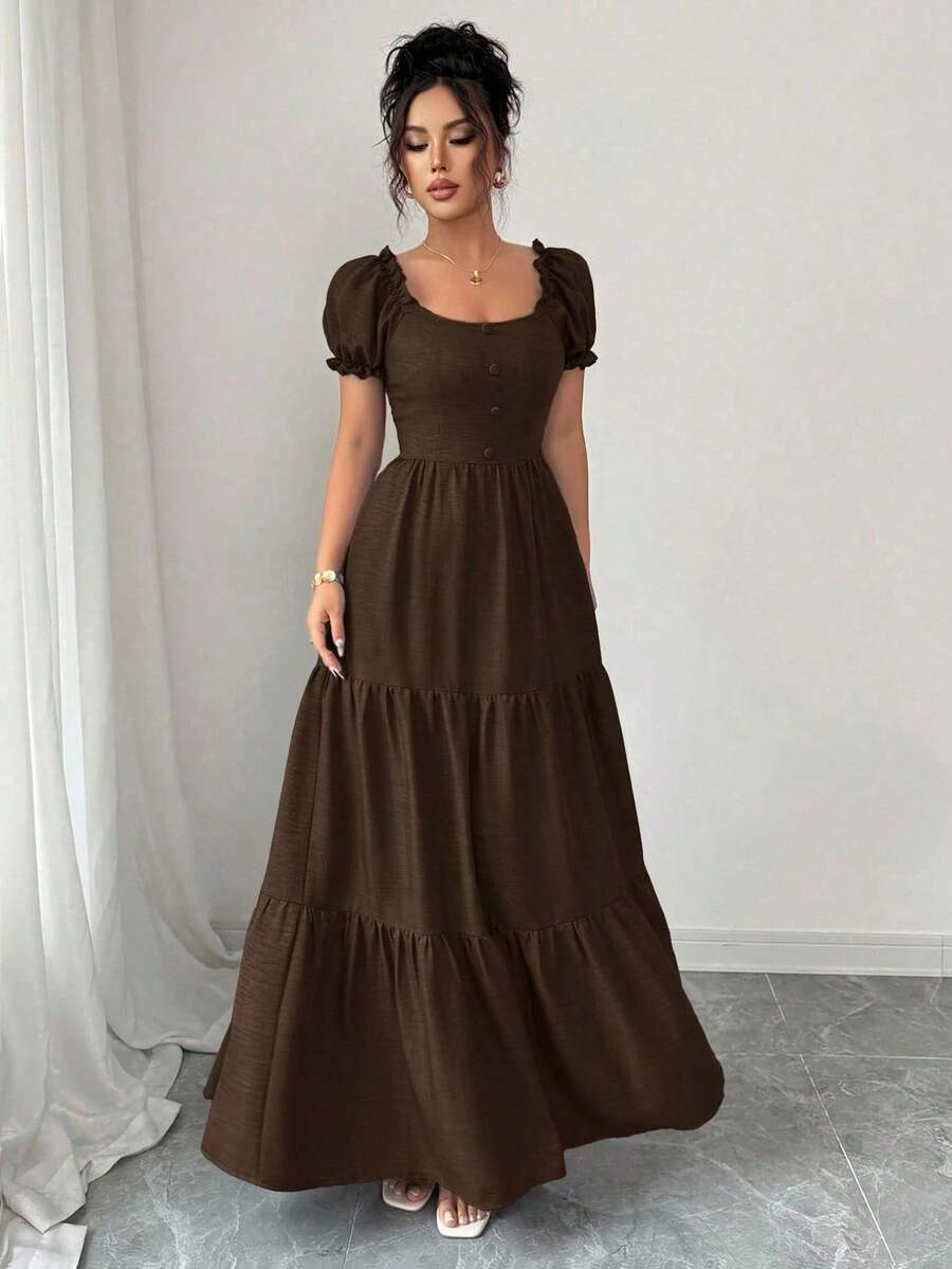 Vestido largo elegante para mujer con cuello único, patchwork multicapa, ribete de volantes, diseño estilizador/drapeado/capa escalonada/atuendos festivos/bohemio/romántico-floral/casual de vacaciones - Café integral - Ver 1