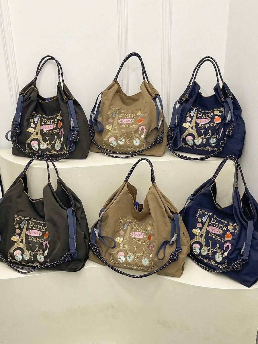 巴黎艾菲爾鐵塔刺繡托特包，大容量尼龍設計，通勤/上學肩背/斜背 2-Way 包，復古對比色編織繩手把，可調節肩帶，輕量旅行休閒尼龍包，極簡法式刺繡托特包，多色可選，學生適用大容量日常收納包