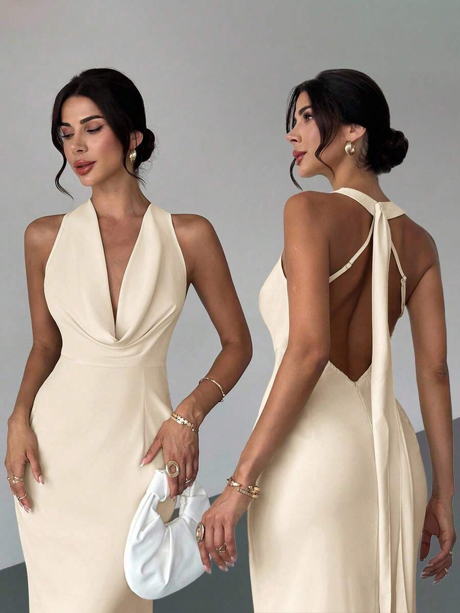 xheFirerie Vestido largo elegante sin espalda con cintura anudada, vestido de gala sin mangas con cuello drapeado en color albaricoque para uso diario en verano y otoño, vacaciones, fiestas, graduación, vuelta al colegioxhe - Albaricoque - Ver 1