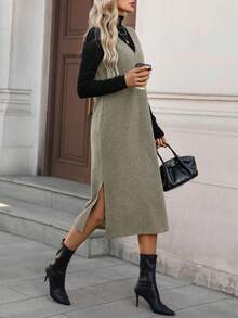 xheEasowa Vestido midi de mujer casual de unicolor de lana sin mangas con cuello en V y abertura, para uso diario en otoño/inviernoxhe - Marrón - Ver 1
