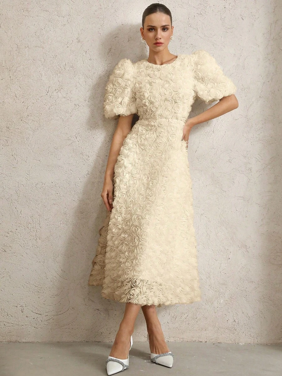 Vestido con cuello en V, mangas con pétalos, cintura ceñida y decoración 3D de rosas románticas francesas para mujeres - Albaricoque - Ver 1