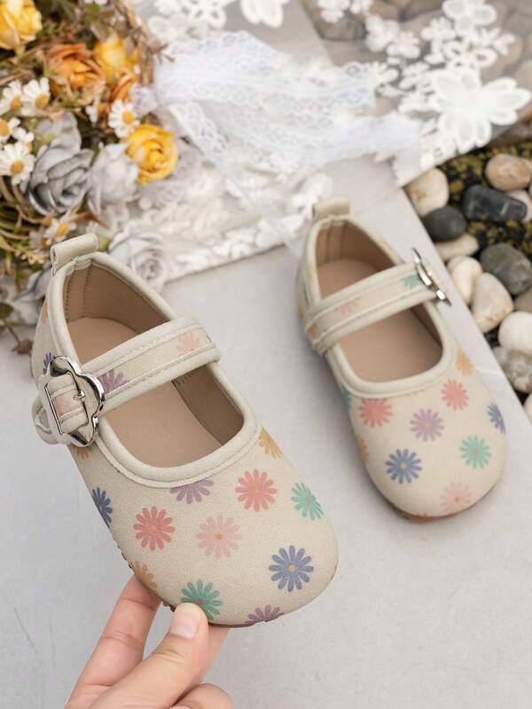 1 Pair Girls' Flat Shoes, Printed Pattern Design Mary Jane Shoes, Cute Floral Buckle Loafers, Round Toe Design, Casual Style, Fashionable And Cute, Suitable For Indoor And Outdoor Wear, All Seasons