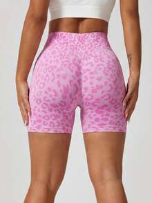 NcmRyu 1 buah Celana Pendek Olahraga Wanita Motif Leopard Pinggang Tinggi Pengontrol Perut Elastis Lembut Nyaman, Athleisure - Berwarna merah muda - View 7