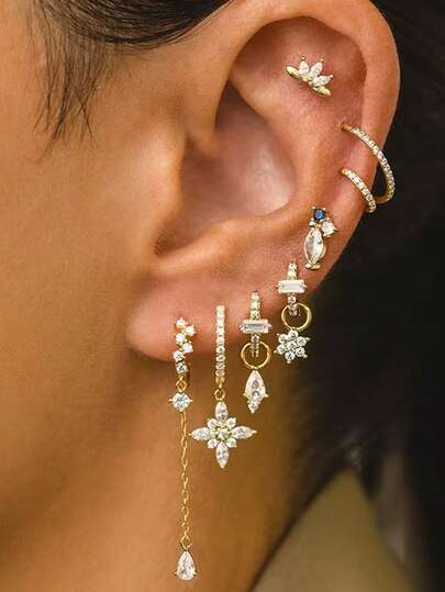 1 Set/8pcs - Pierced Hoop Earrings For Women, Fashionable, Elegant, Gorgeous Pendant Long Tassel Hoop Earrings, Delicate 5A Cubic Zirconia Jewelry Gift Pendant Earring Set