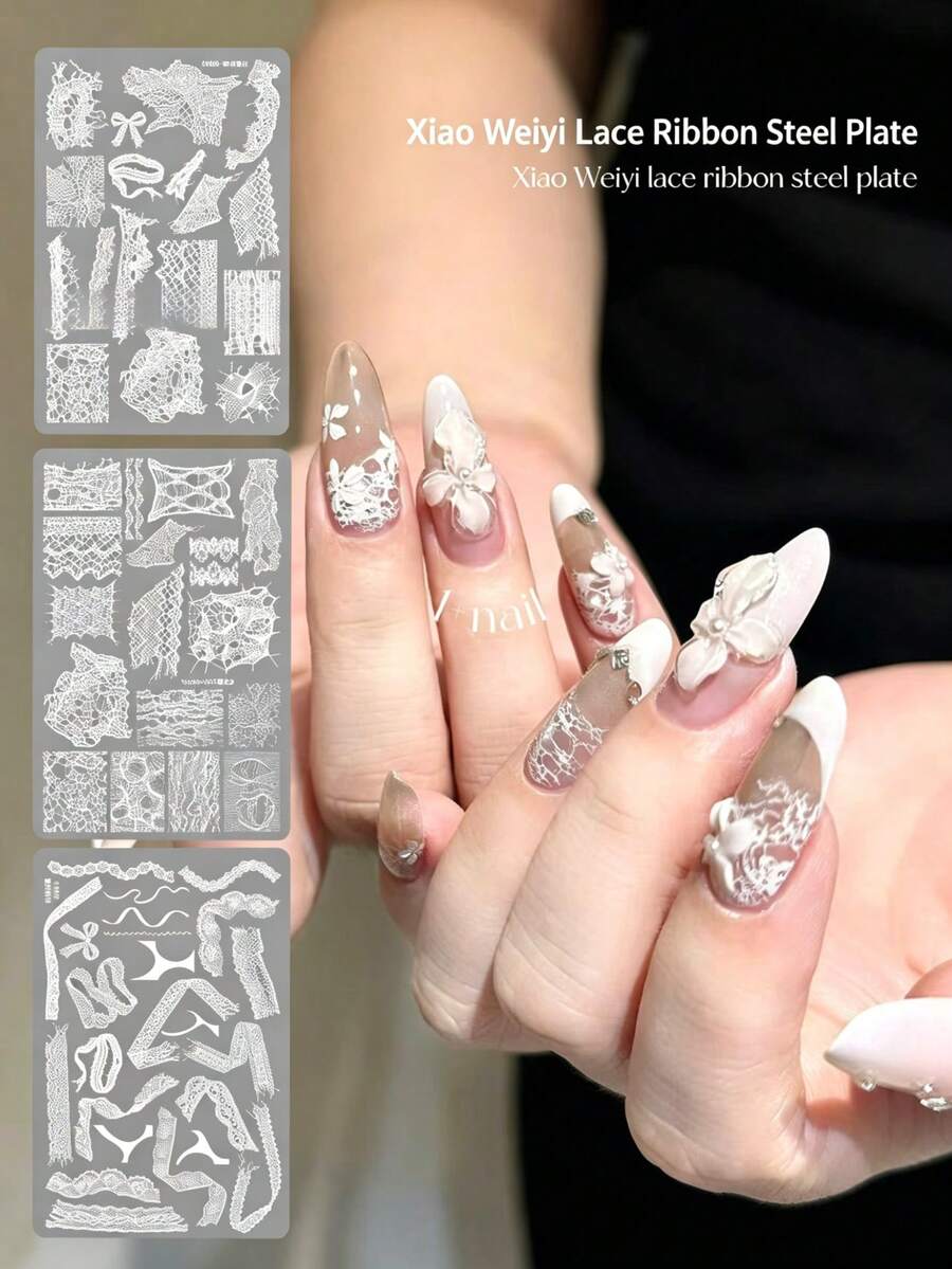 1pc New Large Size Nail Art Stamping Plate, Asymmetrical Wave Hollow Lace Pattern, Long-Lasting High-Definition Nail Stamping Polish Set, Trending, DIY Nail Printing Tool, Beginner Friendly Nail Decoration Accessory - Multicolor - View 1
