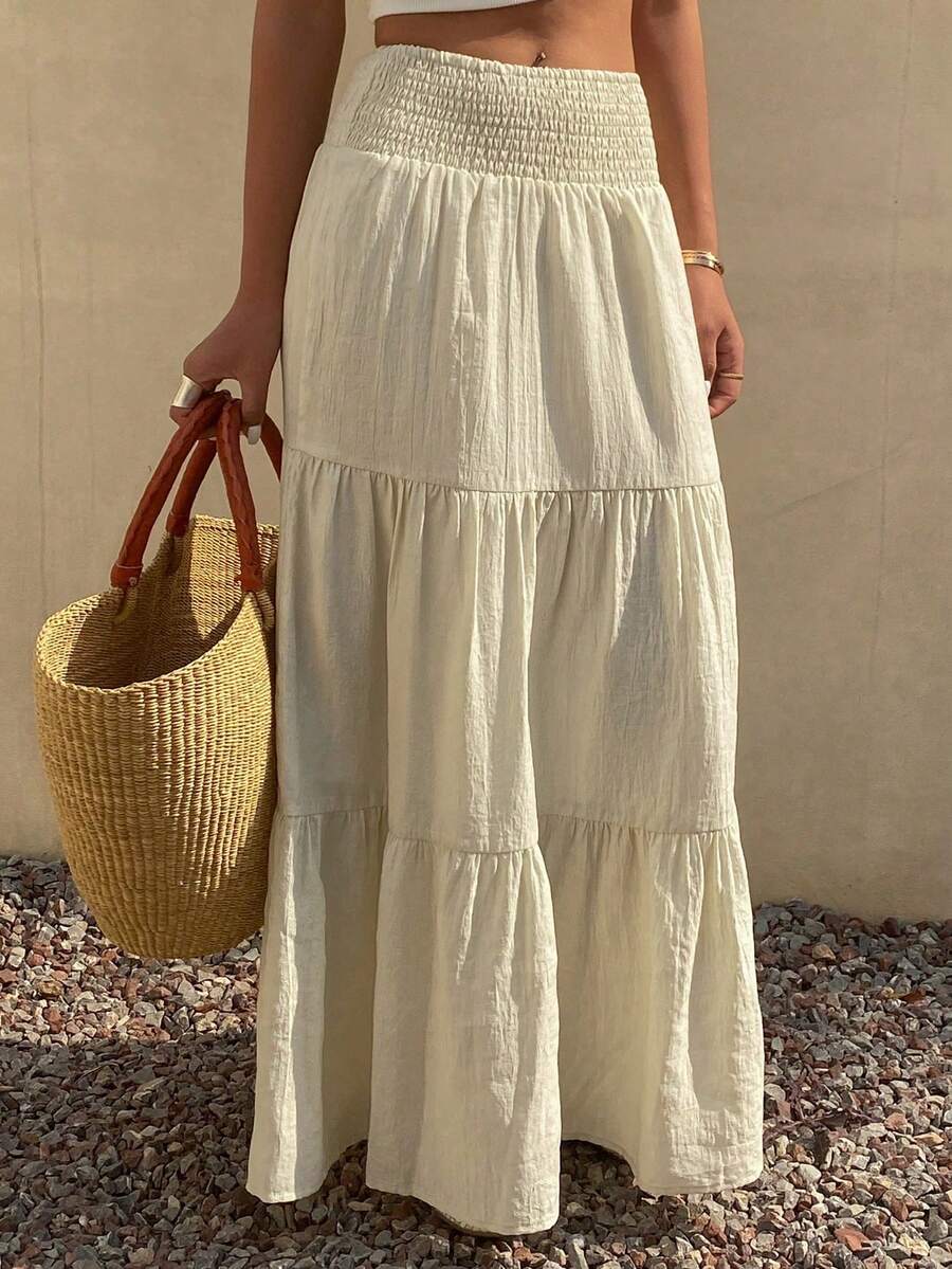 Bohemian Long Beach Skirt With Ruching And Adjustable Waist For Vacation - Beis - View 1