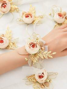 1pc/6pcs Champagne Tea Bud With Small Beads & Golden Leaf Elegant Floral Bracelet, Suitable For Bride, Bridesmaid, Wedding, Party, Daily Wear - Champagne - View 1