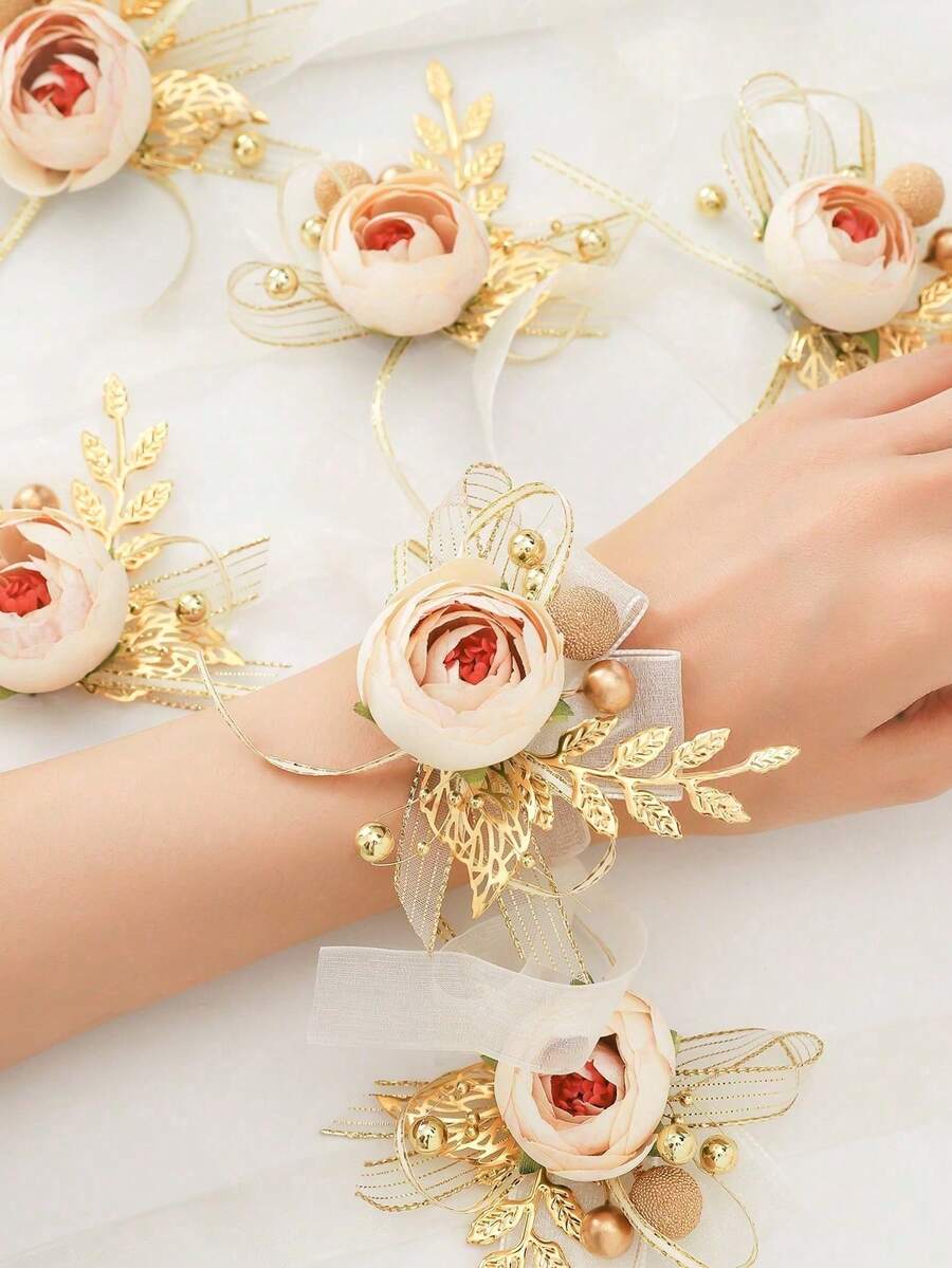1pc/6pcs Champagne Tea Bud With Small Beads & Golden Leaf Elegant Floral Bracelet, Suitable For Bride, Bridesmaid, Wedding, Party, Daily Wear - Champagne - View 1