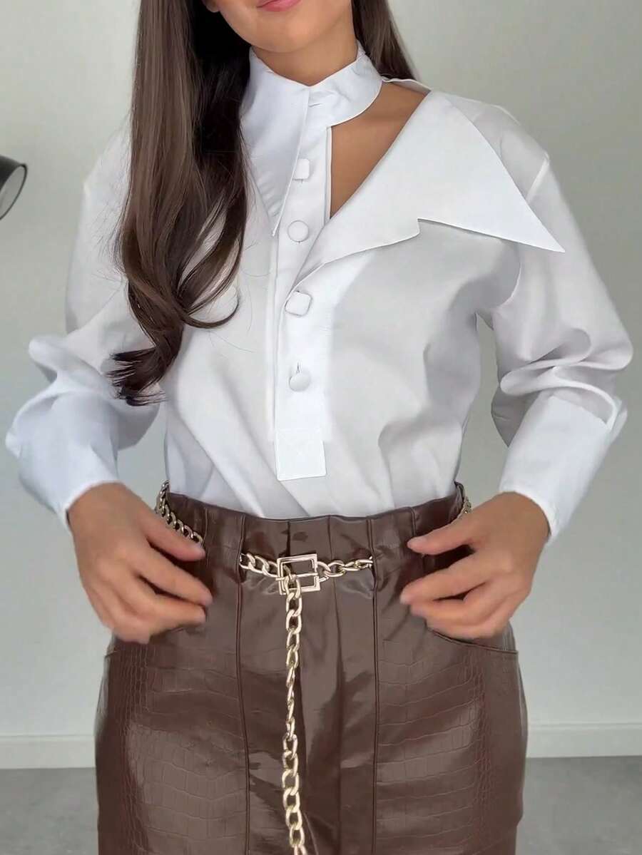 Blusa de manga larga holgada con cuello hueco para mujer, de tela tejida de unicolor, casual para oficina, uso diario, citas, primavera/otoño, blanco verano - Blanco - Ver 1