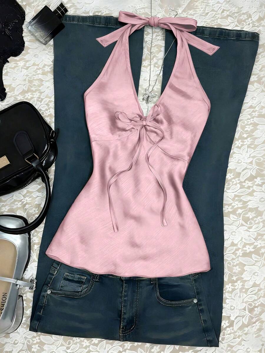 Nuevo top de verano de mujer con cuello halter, cintura fruncida y lazo, sexy y casual para vacaciones - Rosa - Ver 1