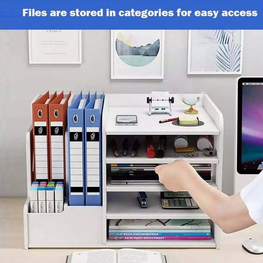 1pc Office File Organizer Simple Book Stand Stationery Pen Holder Storage Box With Tissue Box Desktop Multi-Layer Document Organizer - A - View 1
