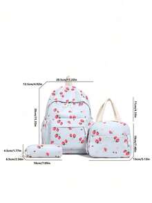 3pcs Strawberry Print Backpack Set, Including Backpack, Lunch Bag And Pencil Case, With Laptop Compartment, Adjustable Straps And Multiple Pockets, High Capacity Student Backpack, Multipurpose Daily Bag, Suitable For Girls/College Students/Graduates For Daily Use/Vacation/Travel/Back To School - Multicolor - View 3
