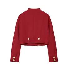 TF.MLN Vintage Street Style Solid Red Spring Women's Fashion Double-Breasted High Street Short Jacket - Red - View 8