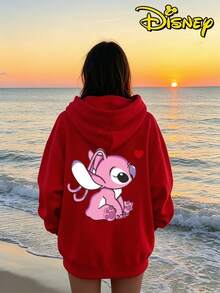 Couples Disney Lilo & Stitch Stitch And Angel Print Hooded Sweatshirt, Casual Loose Streetwear Hoodie, Sold As Single Piece 1pcs - Màu đỏ dành cho nữ - Xem 2