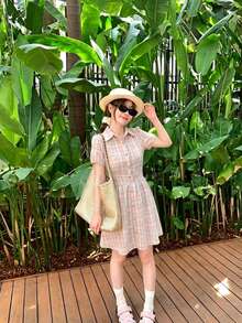 Vestido camisa con botones a cuadros, elegante de verano en color rosa - Rosa - Ver 8