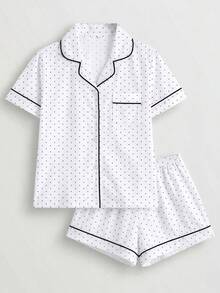 2 pièces/Ensemble Pyjama pour femmes, Imprimé à pois, Vêtements de détente pour femmes, Tenue de vacances printemps/été, Ensemble Top à manches courtes et short - Blanc - Voir 7