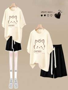 Schoolgirl Style Short-Sleeved T-Shirt, Summer 2026 New Arrival, Stylish Casual Shorts 2-Piece Set For Women - Apricot Cotton Top + Black Shorts [Set] - View 2