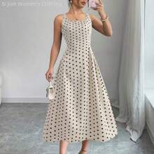 WNS  Vestido casual de largo medio sin mangas con cuello cuadrado, plisado y estampado de lunares para mujeres - Multicolor - Ver 1
