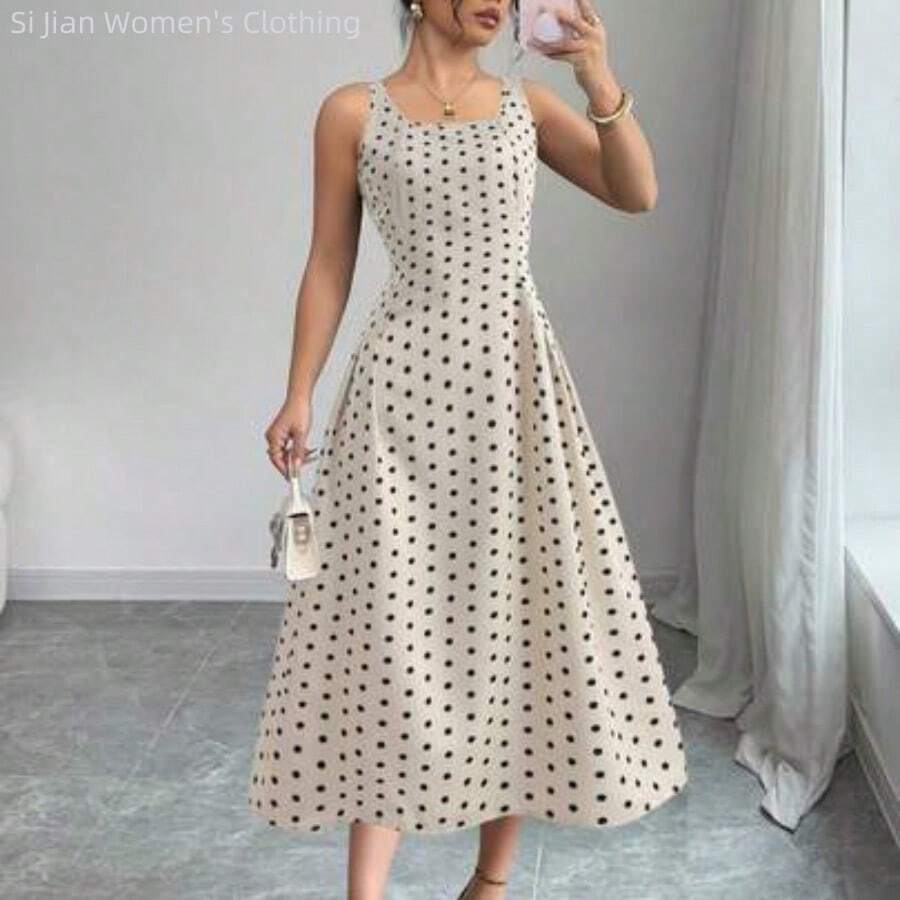 WNS Vestido casual de largo medio sin mangas con cuello cuadrado, plisado y estampado de lunares para mujeres - Multicolor - Ver 1