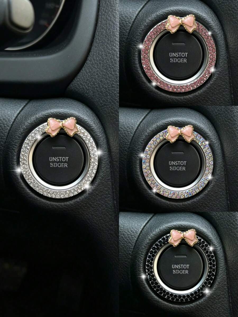 Car One-Touch Start Decorative Ring Double Row Rhinestone Bowknot Fire Ring Ignition Switch Button Decorative Sticker For Women - A - View 1