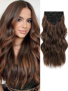 Juego de extensiones de cabello con clip para mujer - 6 piezas de extensiones de cabello largo ondulado con degradado de reflejos - Extensiones de cabello sintético suave y grueso de 22 pulgadas con clip (uso diario) - Marrón claro & Rubio - Multicolor - Ver 17