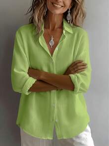 Plus Size Solid Color Button Front Casual Shirt - Lime Green - View 2