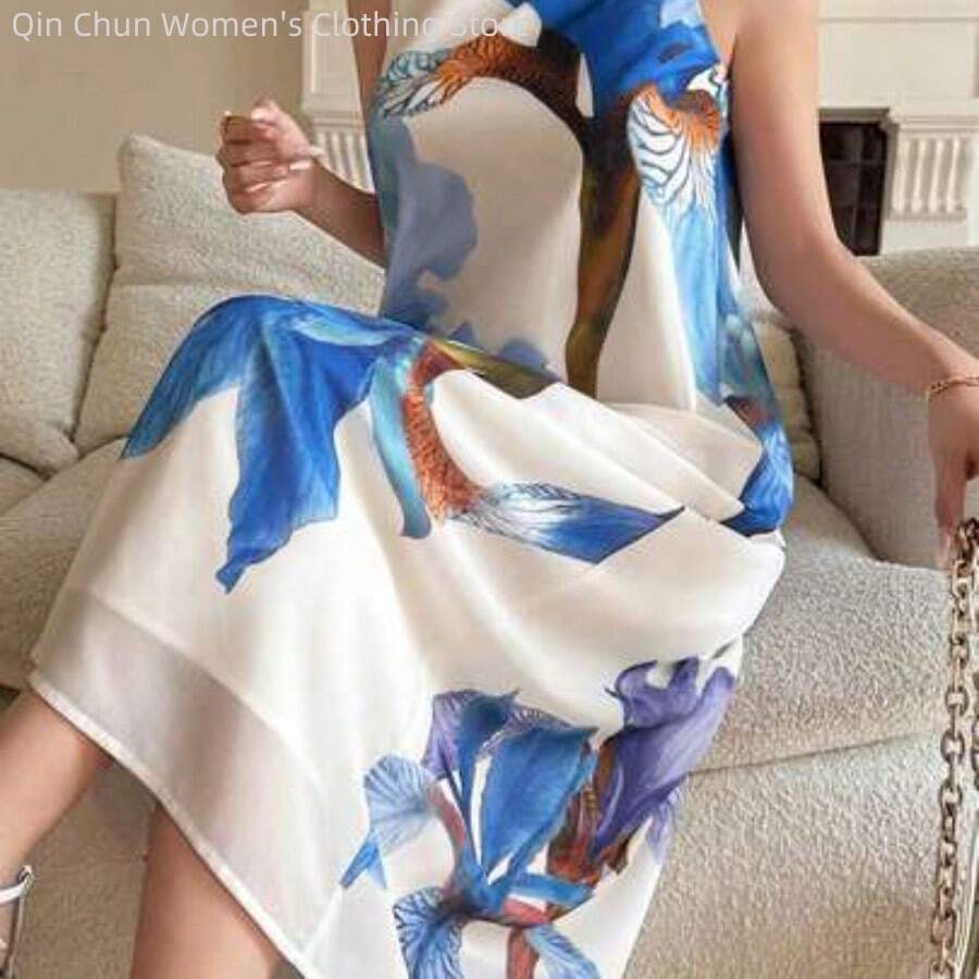 WNS Vestido de verano de dama de honor con estampado floral elegante, cuello redondo y sin mangas, de largo medio - Azul - Ver 1