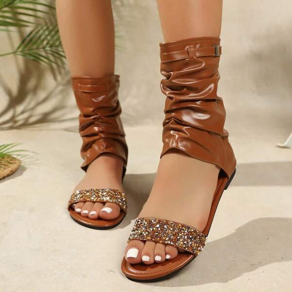 Maillard Color Pleated Ruched High-Top Ankle Boots, Rhinestone One-Strap Open Toe Flat Sandals, Back Zipper Vacation Style Women's Shoes