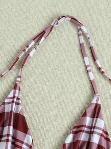 Set Bikini Halter Kotak-kotak Merah & Putih 3 Potong, Penutup Berbentuk Jaring Mengembang, Pakaian Renang Gaya Liburan Seksi - MultiWarna - View 4
