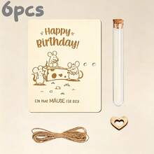 蒲公英花卉與老鼠圖案許願瓶木製賀卡套組，天然原木祝福卡附麻繩與愛心裝飾試管瓶，手工生日、節日、畢業派對、情人節禮物，極簡自然風紀念小禮 - A - 查看 11