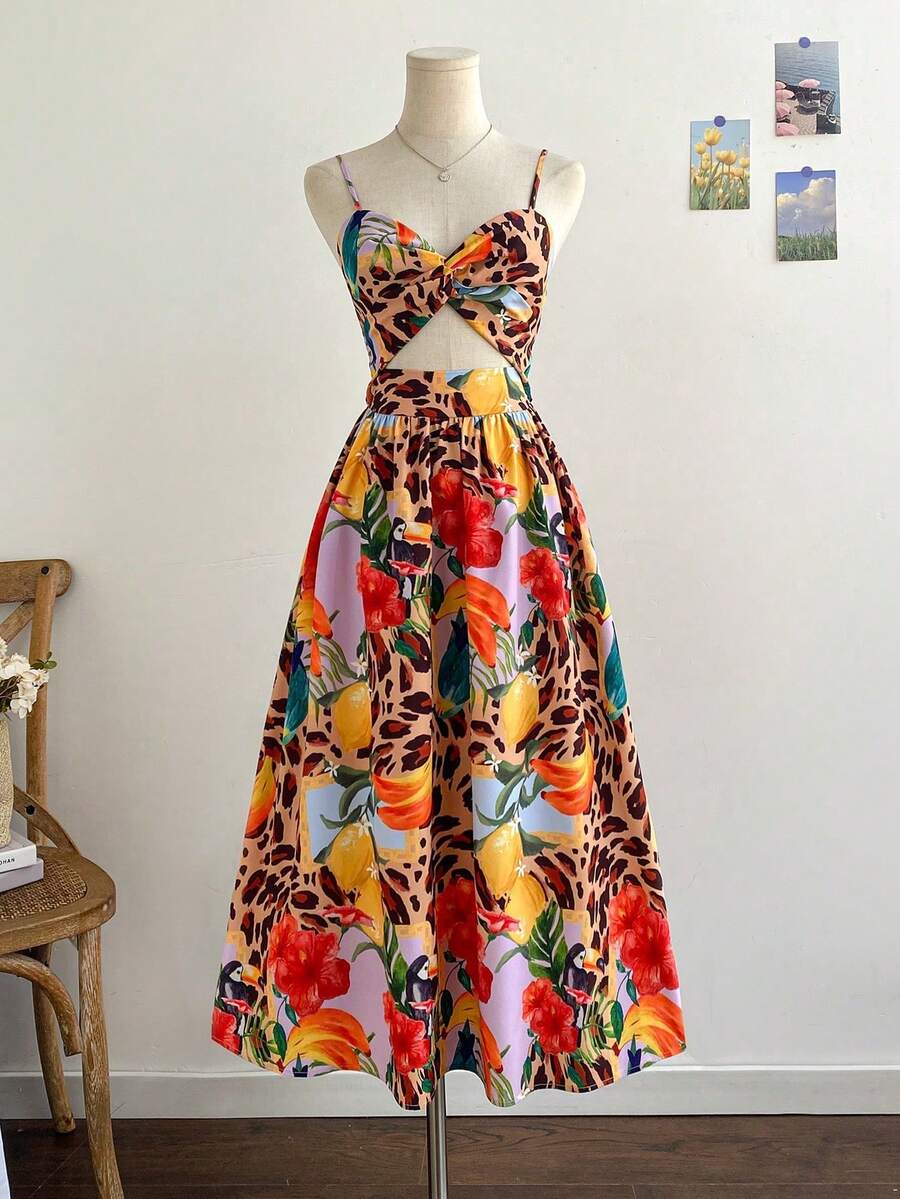 Midi Dress With V-Neck, Tie Closure, Gathered Waist And Tropical Print, Perfect For Beach Vacations - 軍綠色 - 查看 1