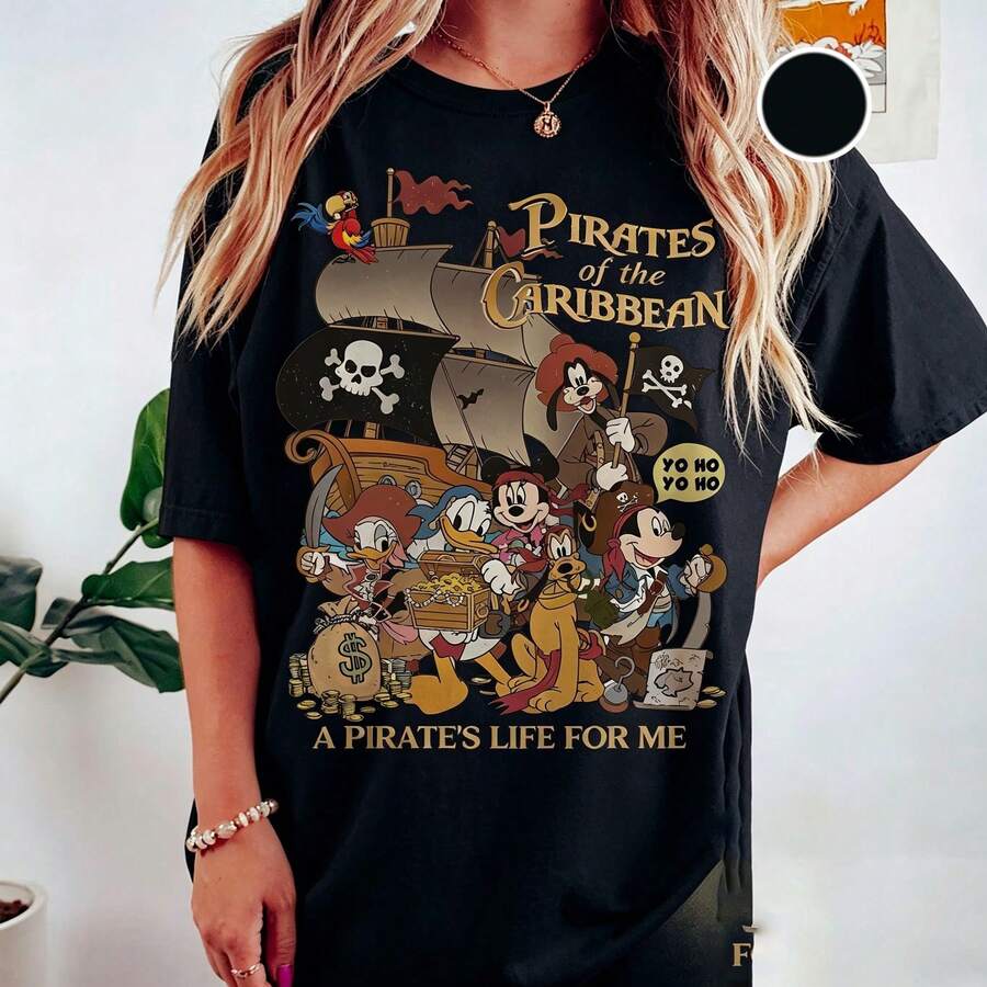 1PC Licensed Cartoon Printed Oversized T‑Shirt, Short Sleeve Tee For Disney Travel Vacations & Theme Parks, 2026 New Style, Ideal For Family Outings Matching Outfits, Unisex For All Ages, High‑Quality Cotton Fabric Soft & Breathable, Vintage Rock‑Themed, The Best Gift For Mens Clothes, Mens Gifts, Hoodies For Men, Black Hoodie, Y2k - Black - View 1